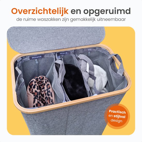 Goliving Wassorteerder 3 Vakken - 150L - Opvouwbare Wasmand Met Deksel - 3 Uitneembare Zakken Met Kleurlabels