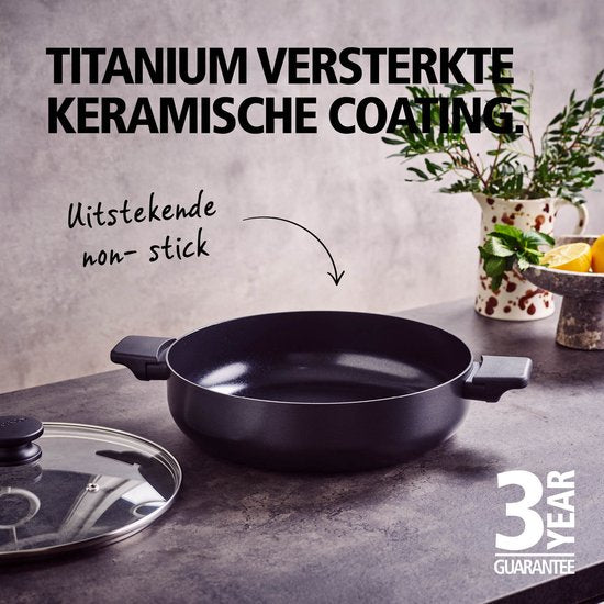Brabantia VANTA Hapjespan - Ø 28 cm – Glazen deksel- Ergonomisch en licht - 100% PFAS vrij- Trendy design