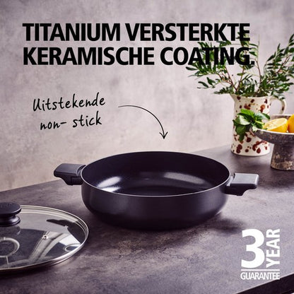 Brabantia VANTA Hapjespan - Ø 28 cm – Glazen deksel- Ergonomisch en licht - 100% PFAS vrij- Trendy design