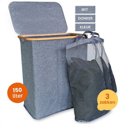 Goliving Wassorteerder 3 Vakken - 150L - Opvouwbare Wasmand Met Deksel - 3 Uitneembare Zakken Met Kleurlabels