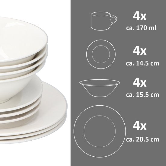 alpina 16-delig Ontbijtservies - 4 Borden - 4 Kommen - 1 Koppen - 4 Schotels - Aardewerk - Wit