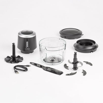 CASO Chop & Go Akku-Multi Hakmolen – Draadloze Multichopper, 1L Glas, 200W, Li-ion Accu, USB-C, 4 RVS Messen, 2 Snelheden, Model 1747