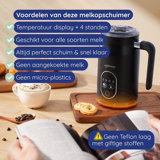 Safecourt kitchen Elektrische Melkopschuimer – 100% PFAS-vrij – Display & Temperatuurregeling – 4-in-1 – 350ml – Zwart