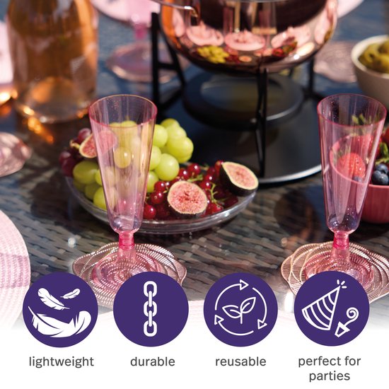Matana – 50 Plastic Champagneglazen, 150ml – Met Roze Glitter – Herbruikbaar – Voor Verjaardagen, Bruiloften & Feesten