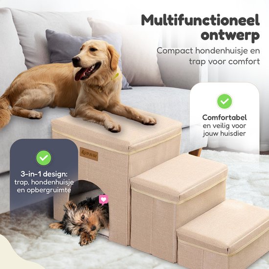 4Paw® Beige 2-in-1 hondentrap voor kleine honden tot 60 kg met hondenhuis - hondenloopplank - trap hond