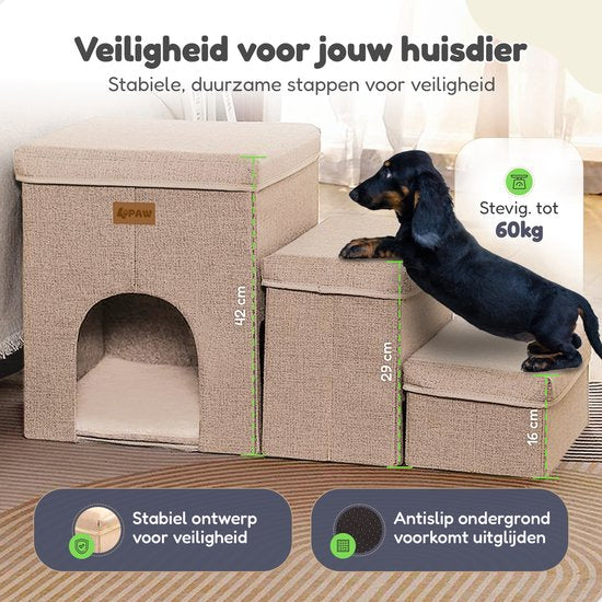 4Paw® Beige 2-in-1 hondentrap voor kleine honden tot 60 kg met hondenhuis - hondenloopplank - trap hond