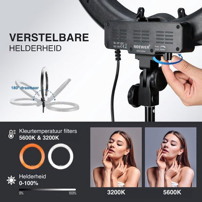 Neewer Ringlamp met Statief - Studiolamp - 18 Inch Ringlight met Kleurfilters - Smartphone & Camera