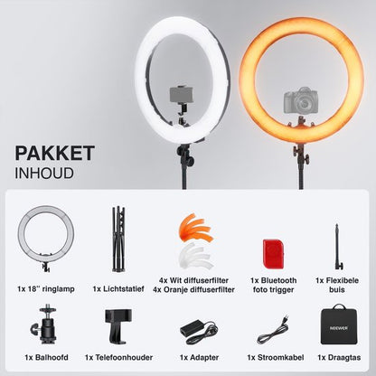 Neewer Ringlamp met Statief - Studiolamp - 18 Inch Ringlight met Kleurfilters - Smartphone & Camera