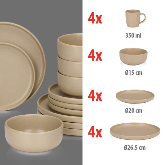 alpina Serviesset 16-Delig - Bordenset 4 Persoons - Aardewerk Servies - Mist 1 groot bord + 2 mokjes