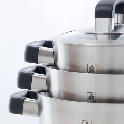 BK Conical Cool Glas Pannenset - 4 delig + deksels - RVS Let op! MIST GROOTSTE PAN!