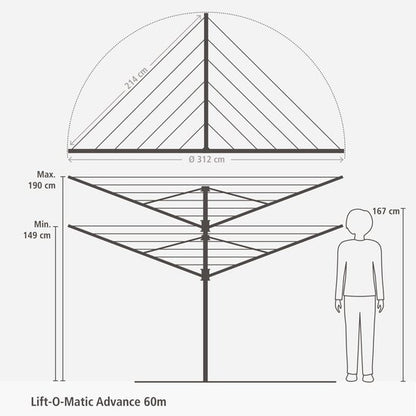 Brabantia Lift-O-Matic Advance Droogmolen - 60 m - met Metalen Grondanker LET OP! Lees beschrijving