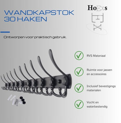 Hoexs Wandkapstok 30 Haken - 96cm - Zwart - RVS - Montagemateriaal