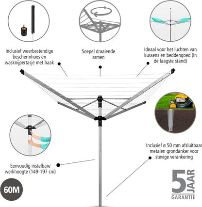 Brabantia Lift-O-Matic Advance Droogmolen - 60 m - met Metalen Grondanker LET OP! Lees beschrijving