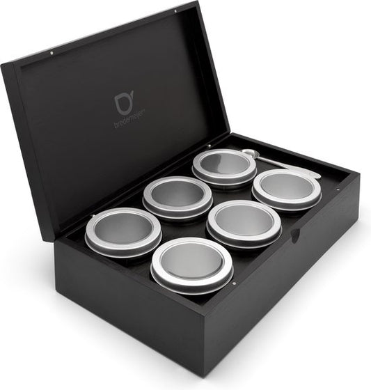 Bredemeijer - Theedoos zwart met 6 theeblikken voor losse thee rond + maatlepel