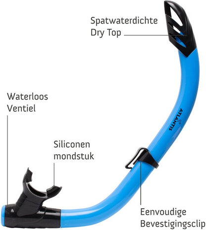 Atlantis Samana Pro Combo - Snorkelset - Snorkel & Duikbril - Versterkt Glas - Dry Top - Luxe Bewaartas - Volwassenen - Zwart/Blauw