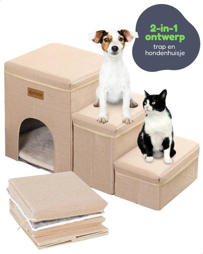 4Paw® Beige 2-in-1 hondentrap voor kleine honden tot 60 kg met hondenhuis - hondenloopplank - trap hond