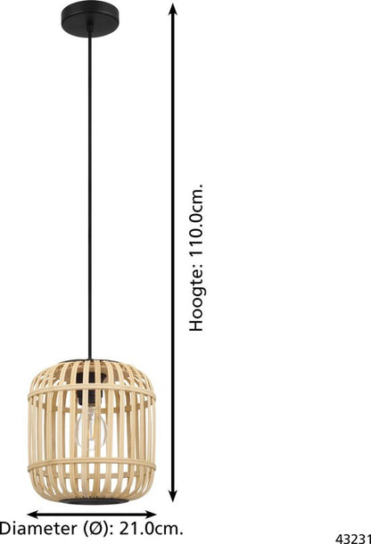 EGLO Bordesley Hanglamp - 1 lichts - Ø21cm. - E27 - bamboe, rotan - Zwart, bruin Tweede kans