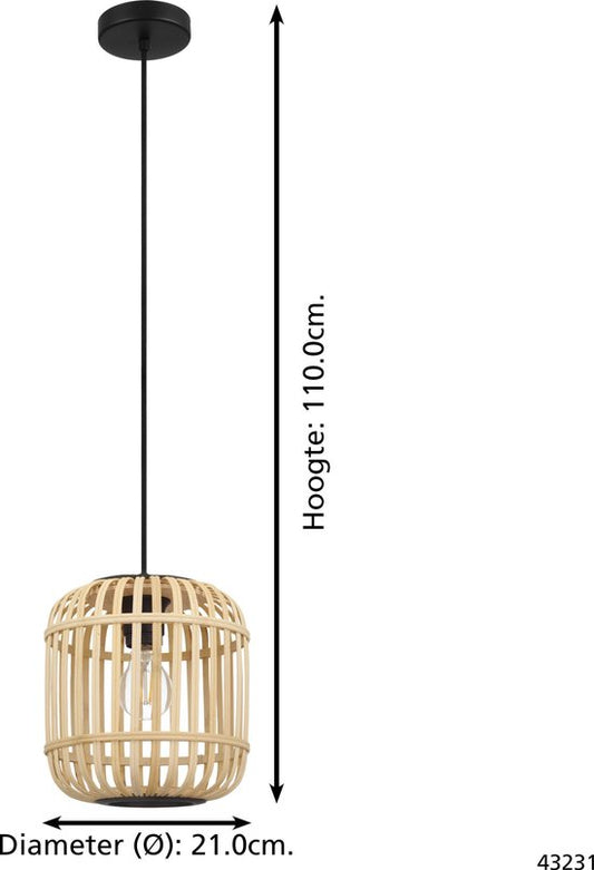 EGLO Bordesley Hanglamp - 1 lichts - Ø21cm. - E27 - bamboe, rotan - Zwart, bruin Tweede kans