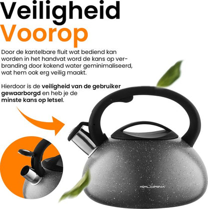 Florina Lava fluitketel RVS met steen coating 2,5L voor alle warmtebronnen - Waterketel - Waterkoker - Cool touch handvat - zwart / grijs Tweede kans