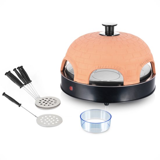 Emerio Pizzarette Origineel - 6 Persoons Pizza Oven - Handgemaakte Terracotta Koepel - 6 Geïsoleerde Bakspatels