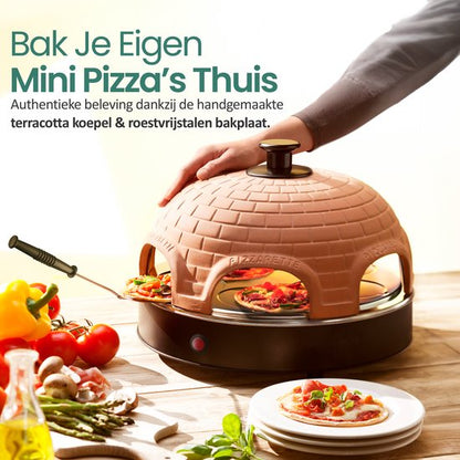 Emerio Pizzarette Origineel - 6 Persoons Pizza Oven - Handgemaakte Terracotta Koepel - 6 Geïsoleerde Bakspatels