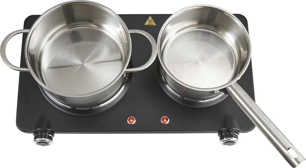 Inventum KP602B elektrische kookplaat 47 cm - 2-pits 15/18 cm - 1-fase plug en play - 7 standen - 750/1500 W - Vrijstaand - Zwart