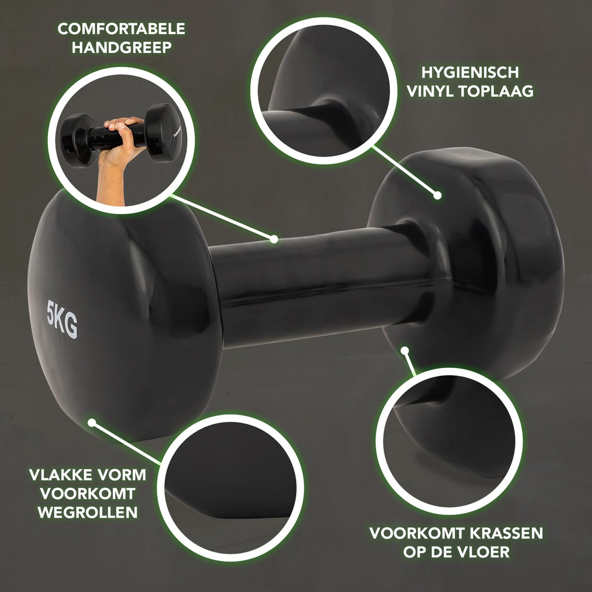 Tunturi Dumbbell set - 2 x 5,0 kg - Vinyl - Zwart - Incl. gratis fitness app Tweede kans