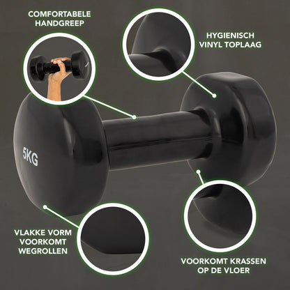 Tunturi Dumbbell set - 2 x 5,0 kg - Vinyl - Zwart - Incl. gratis fitness app Tweede kans