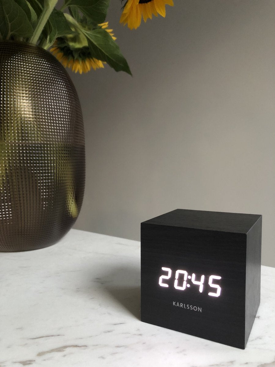 Karlsson Wekker Mini Cube - Zwart fineer, Wit LED - 8x8x8cm - Scandinavisch