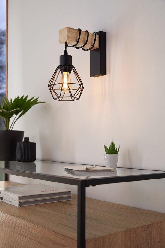 EGLO Townshend 5 Wandlamp - E27 - 27,5 cm - Hout - Zwart/Bruin - FSC Hout Tweede kans