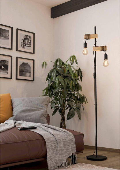 EGLO Townshend Vloerlamp - E27 - 2 Lichts - Zwart/Bruin - FSC Hout tweede kans