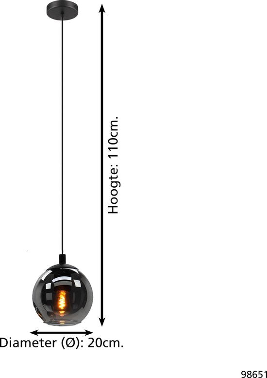 EGLO Ariscani Hanglamp - E27 - Ø 20 cm - Rookglas | Smoke glas - Zwart Tweede kans