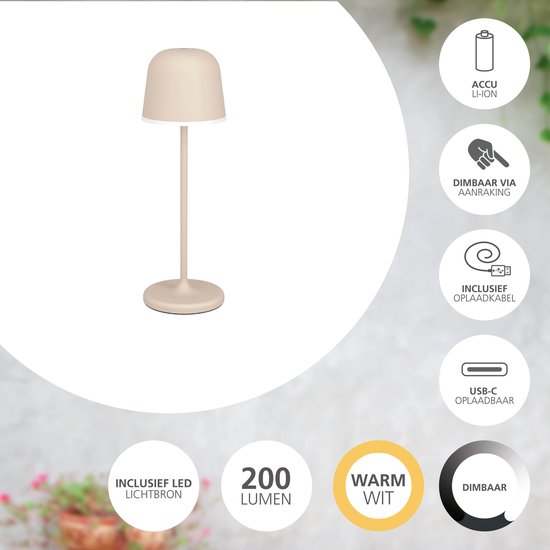 EGLO Mannera Tafellamp - Aanraakdimmer - 34 cm - Oplaadbaar (tot 38 uur licht) Tweede kans