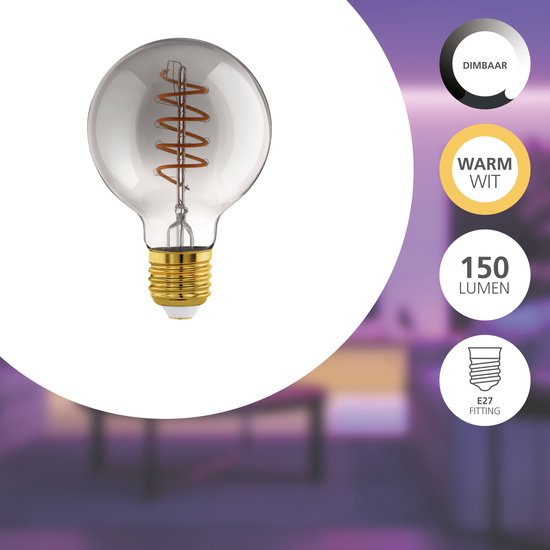 EGLO connect.z Smart LED Lamp -E27 - Ø 8 cm - Smoke - Rookglas - 2000K - Dimbaar - Tweede kans
