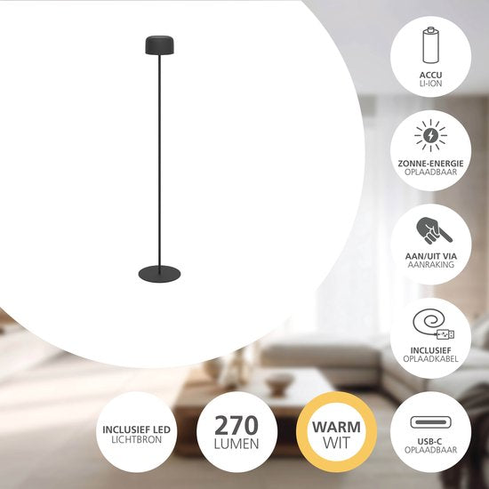 EGLO Roccanova-L Staande lamp - Oplaadbaar (tot 22 uur licht) - Solar - 120 cm - Zwart - Draadloos - Dimbaar - Binnen en Buiten tweede kans